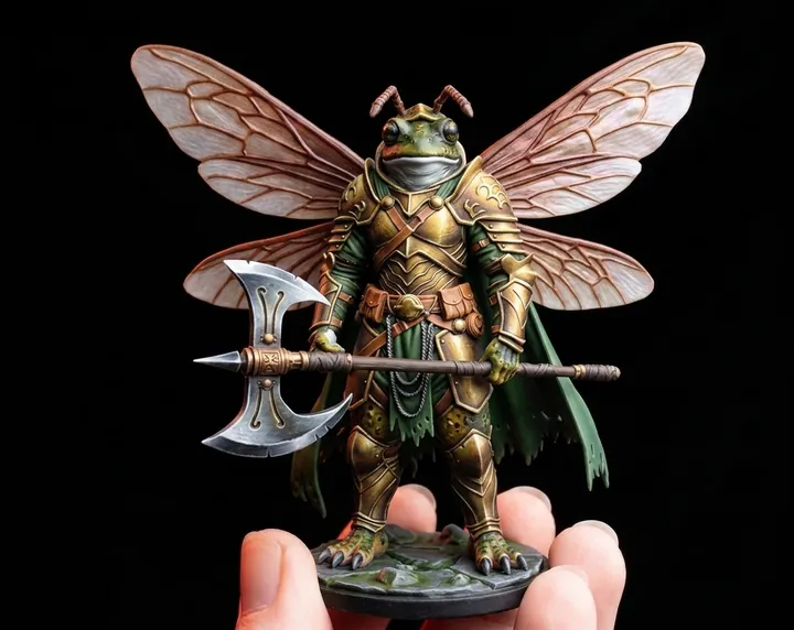 A painted frog-fly warrior figurine held in a hand: a marketing photo made with AI Photo in Printara