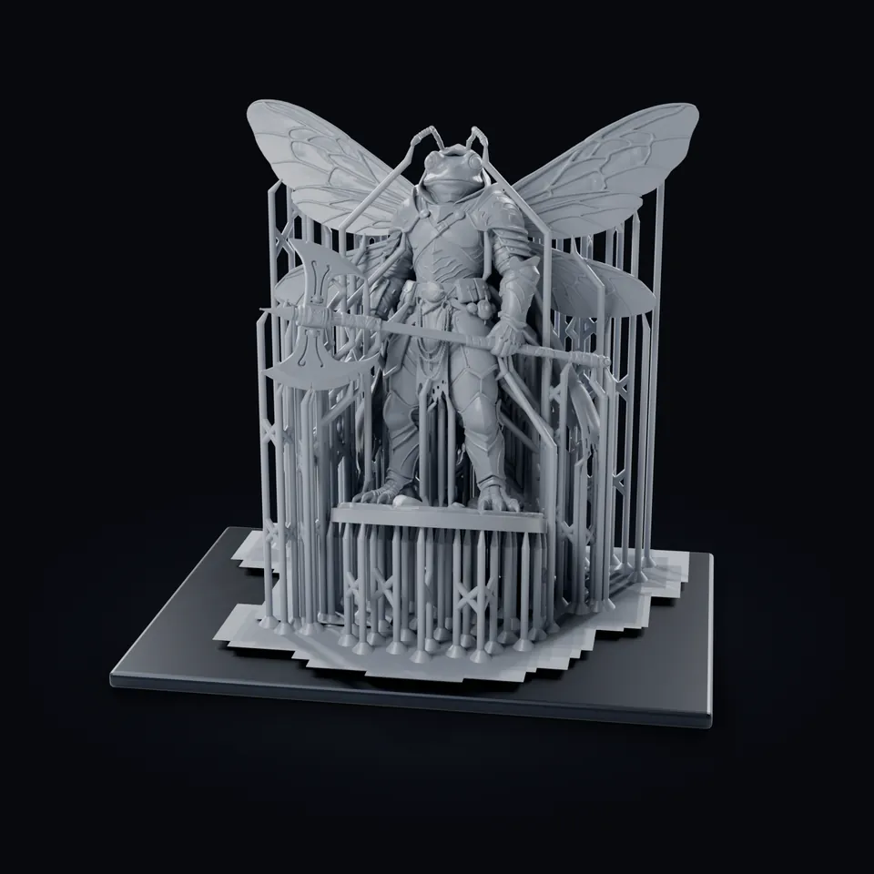 The armored frog-fly warrior on its presupports at 32 mm, standing on a build plate
