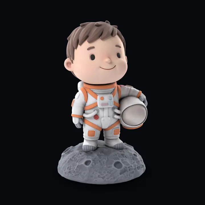 A chibi astronaut boy in a white and orange spacesuit holding his helmet on a moon rock base, generated in Printara with a colour texture