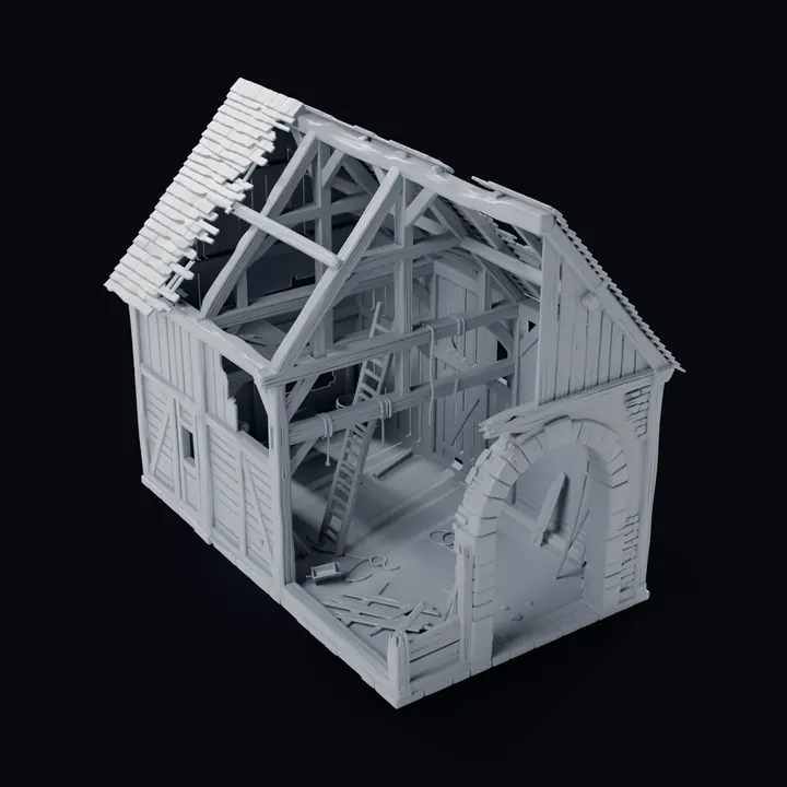 A ruined timber barn with an open roof frame and a stone archway, generated in Printara as a grey model
