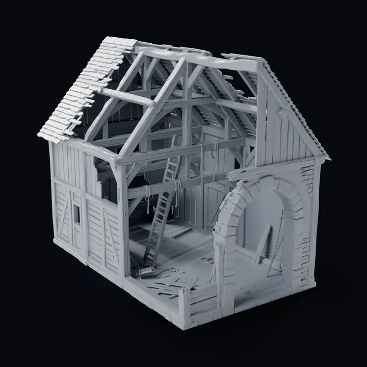 The ruined timber barn from the side its picture shows: an open roof frame, a ladder and a stone archway, generated in Printara as a grey model
