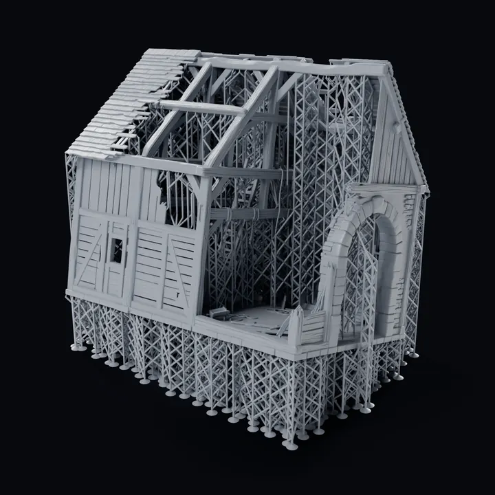 The barn's supported STL at 100 mm: the model standing on a dense field of resin supports