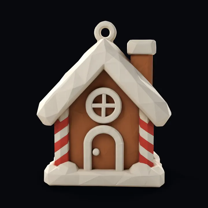 The gingerbread house ornament from the front, the side its picture shows: a snowy roof, candy cane corners, a chimney and a hanging loop, generated in Printara with a colour texture