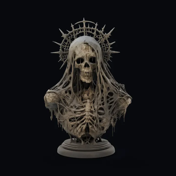 The skull saint bust from the front, the side its picture shows: a spiked halo and a tattered veil over its ribcage, generated in Printara with a colour texture