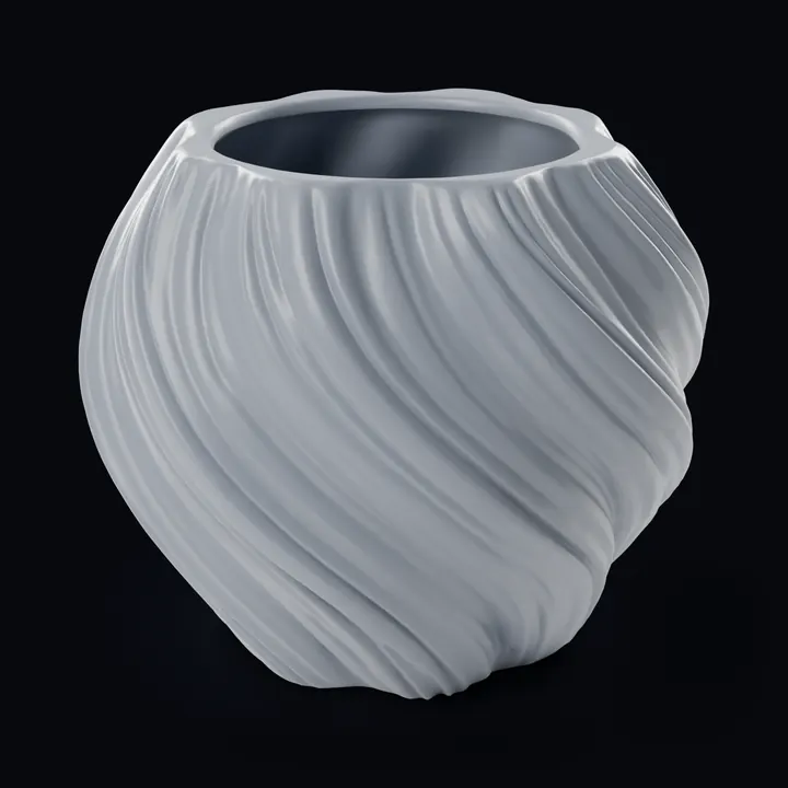 A round vase with deep spiral ridges, generated in Printara as a grey model