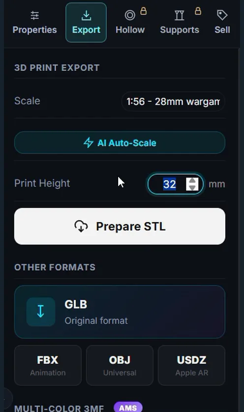 The Export tab in Printara Studio: scale preset, AI Auto-Scale, Print Height 32 mm, Prepare STL, GLB, FBX, OBJ and USDZ, and the Multi-Color 3MF section