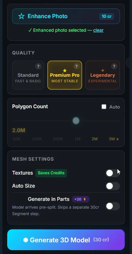 The Textures switch and the Generate 3D Model button with its credit cost in Printara Studio