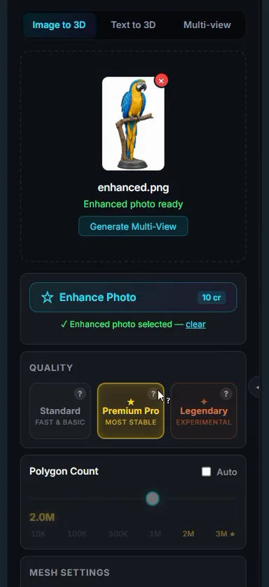 The Generate tab in Printara Studio with Image to 3D chosen and an uploaded reference picture of a parrot