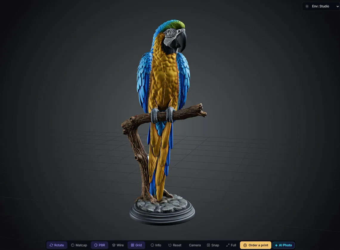 A generated parrot model in the 3D view of Printara Studio