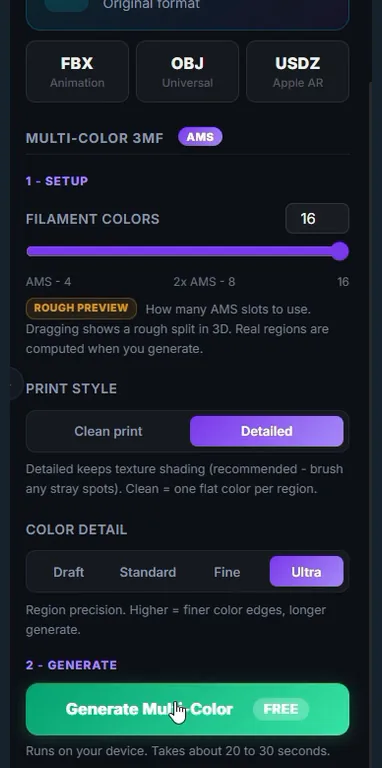 The Multi-Color 3MF panel of Printara Studio with 16 filament colours