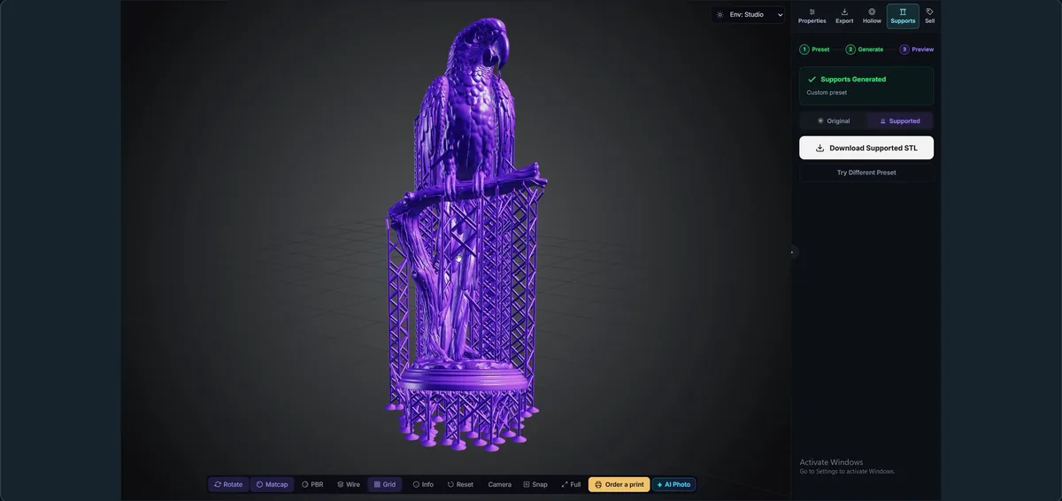 The Supports tab in Printara Studio: a parrot model on its generated resin supports