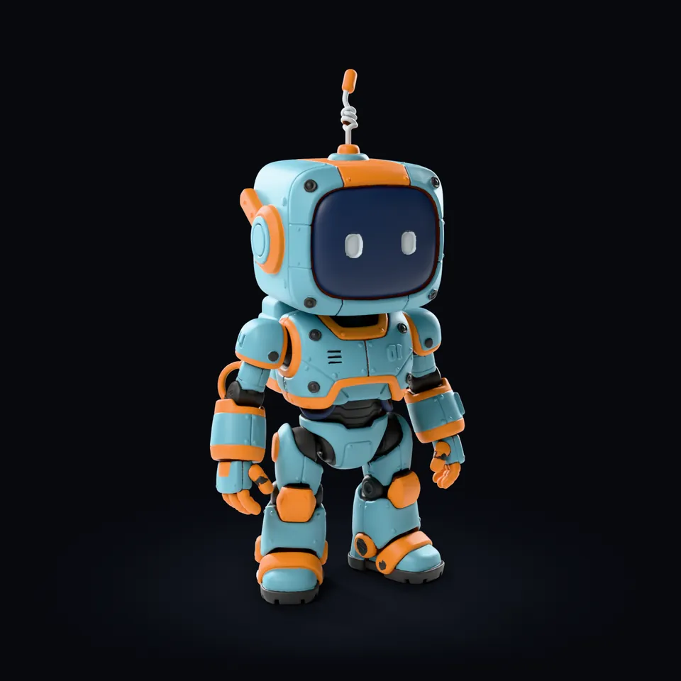 The robot's multi-colour 3MF turned 45 degrees, rendered as matte PLA: teal body, orange trim and dark grey joints