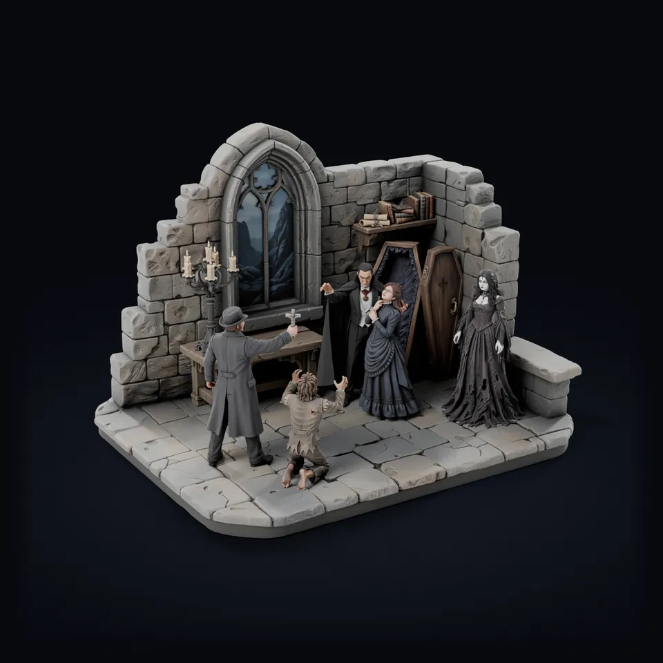 Dracula Castle diorama made in Printara Diorama Studio: a ruined gothic chapel where Count Dracula holds a woman in a blue gown while a vampire bride watches and a vampire hunter raises a crucifix over a kneeling man