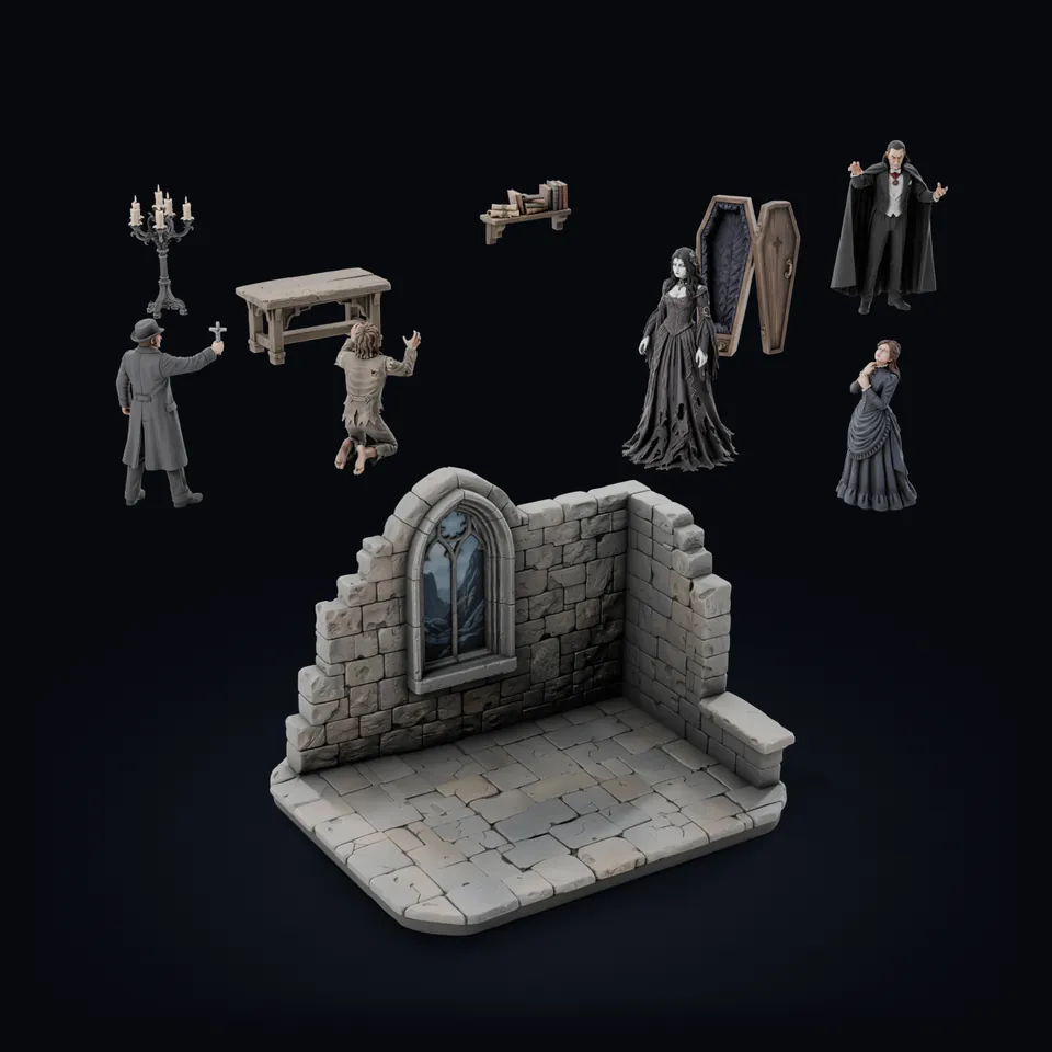 The Dracula Castle diorama taken apart into its 10 separate models: five figures, four props and the castle set