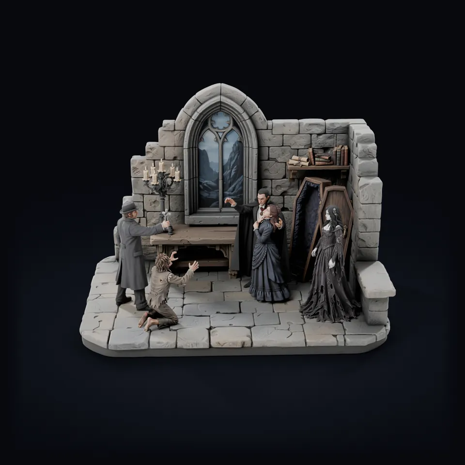 The Dracula Castle diorama from the front: the gothic window, a candelabra and a table, Count Dracula holding the woman in blue, the vampire bride by the open coffin, the hunter and the kneeling man