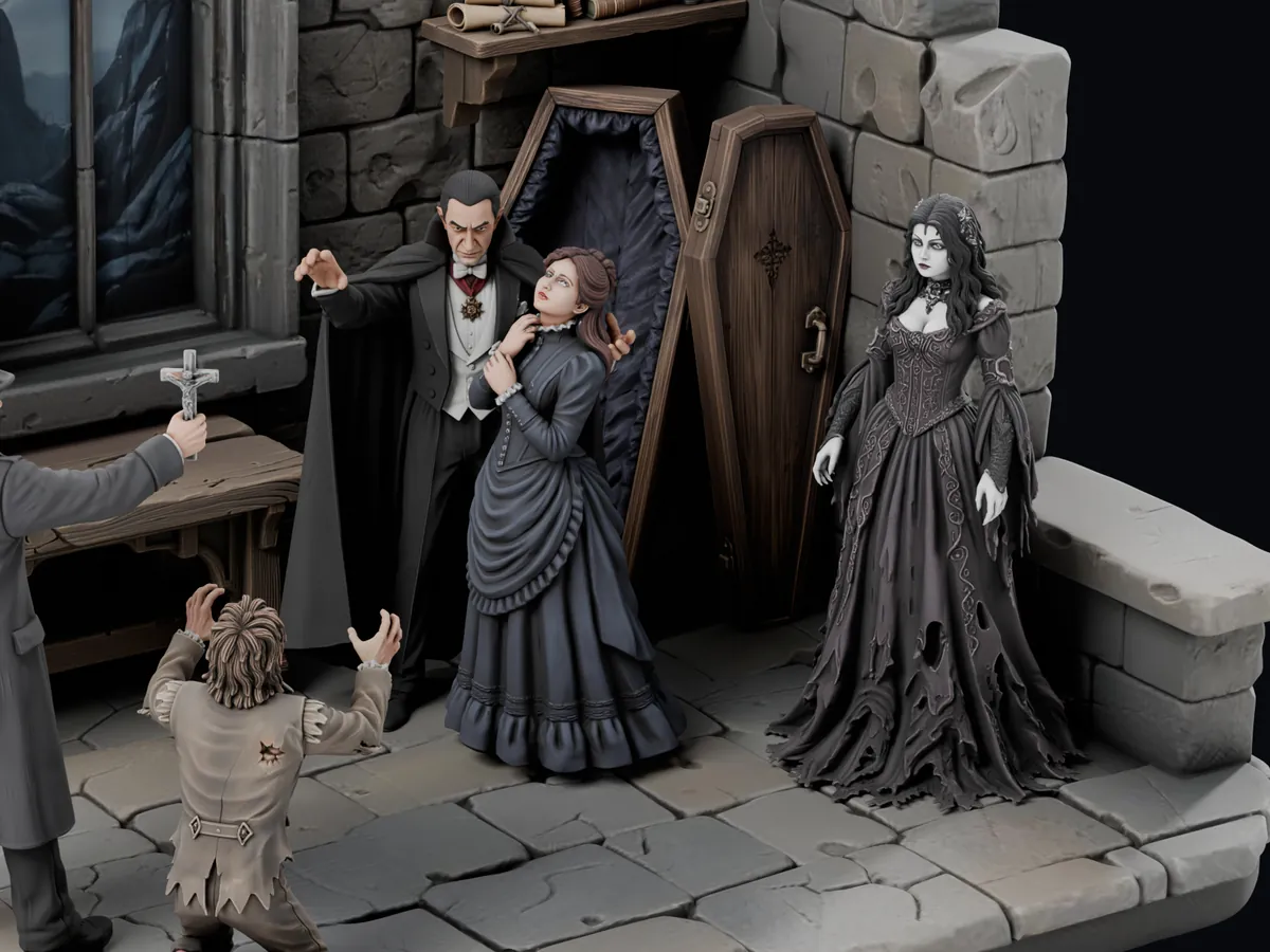 Close-up of the painted Dracula Castle figures: Count Dracula holding the woman in blue, the open coffin and its lid, and the vampire bride