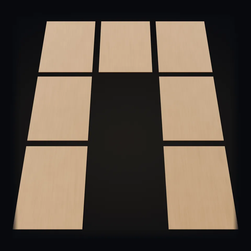 The seven 300 × 200 mm plywood sheets of the Gothic jewelry box before cutting, with its text brief on them