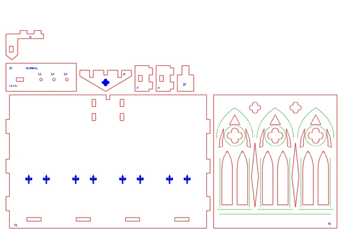 Sheet 2 of the Gothic jewelry box drawn from its SVG file: red cut lines, green score lines and blue engraving, with two small fit-test coupons