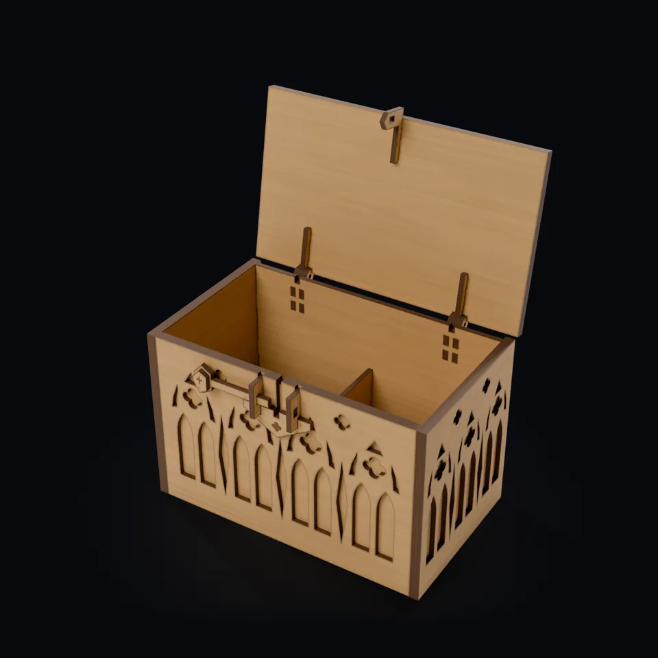 The Gothic jewelry box made in Printara with its lid open on its wooden hinges and the latch key slid out