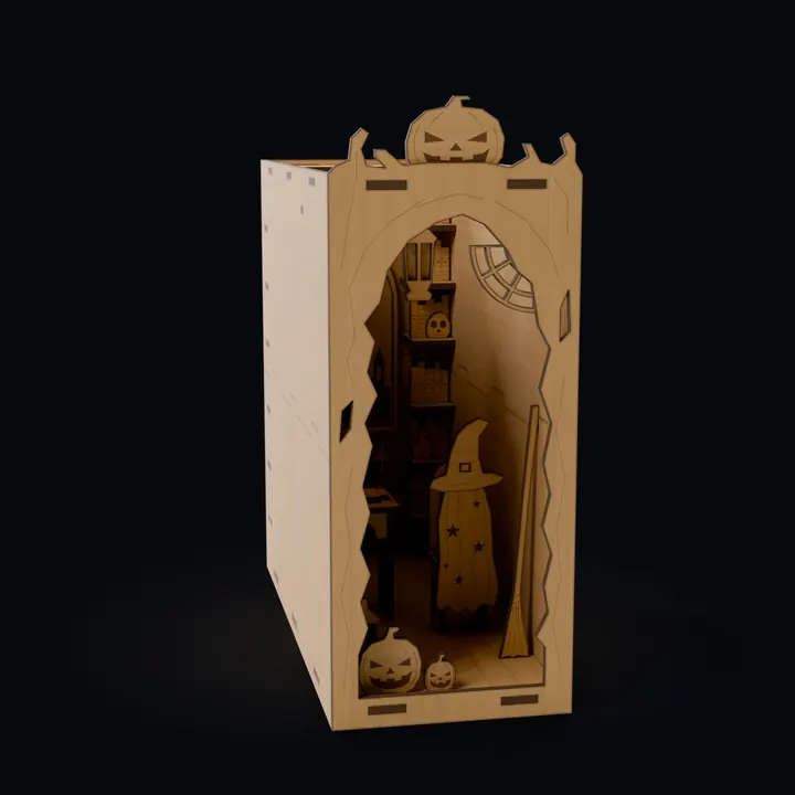 The magical book nook made in Printara, seen from the front left like its picture: a tall plywood book nook with a pumpkin crest, bookshelves, an arched window and a desk inside, before the paper decals