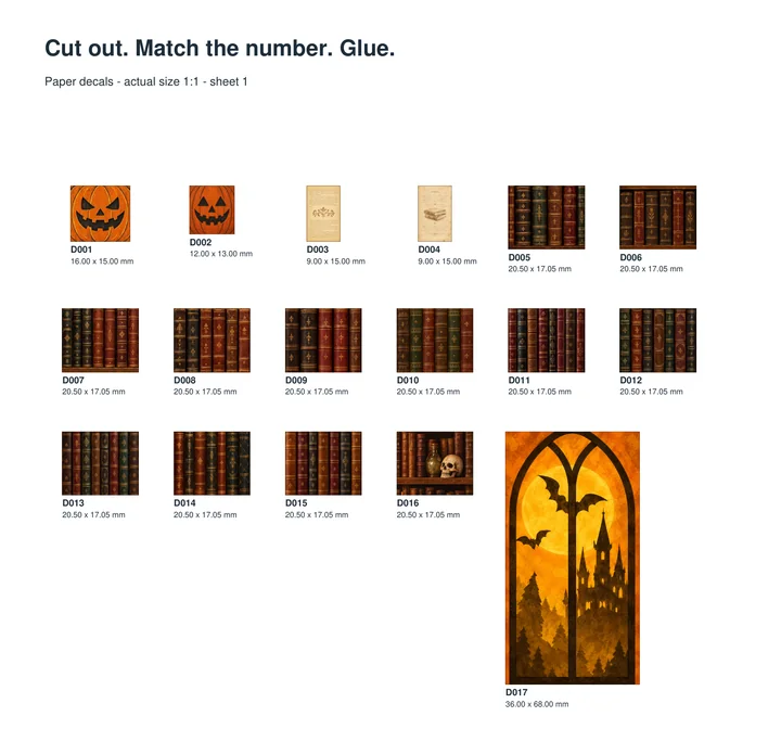 Page 2 of the paper decal PDF of the magical book nook: numbered decals of pumpkins, book spines and an arched window at actual size