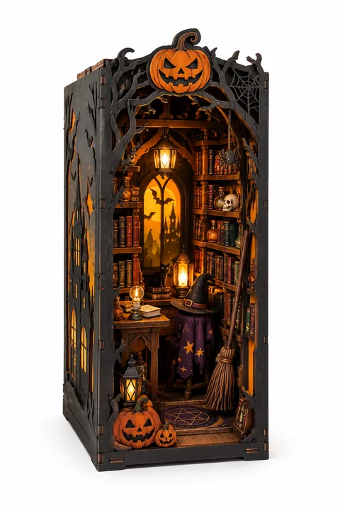 The picture the magical book nook was made from, created in the Printara Image tab: a dark wooden book nook with a jack-o'-lantern crest, shelves of books, a witch's hat and a broom