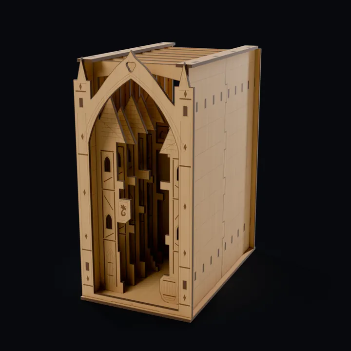 The medieval alley book nook made in Printara: a plywood book nook with a Gothic arch and layered medieval houses inside