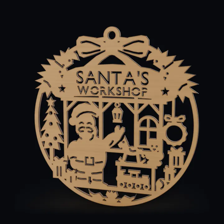 The Santa's workshop door hanger made in Printara: a round one-piece plywood sign with a bow, a Christmas tree, Santa at a workbench and the words Santa's Workshop