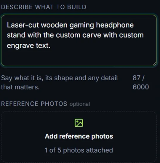Describe what to build in Printara Studio: a short brief for a laser-cut headphone stand and the reference photos field