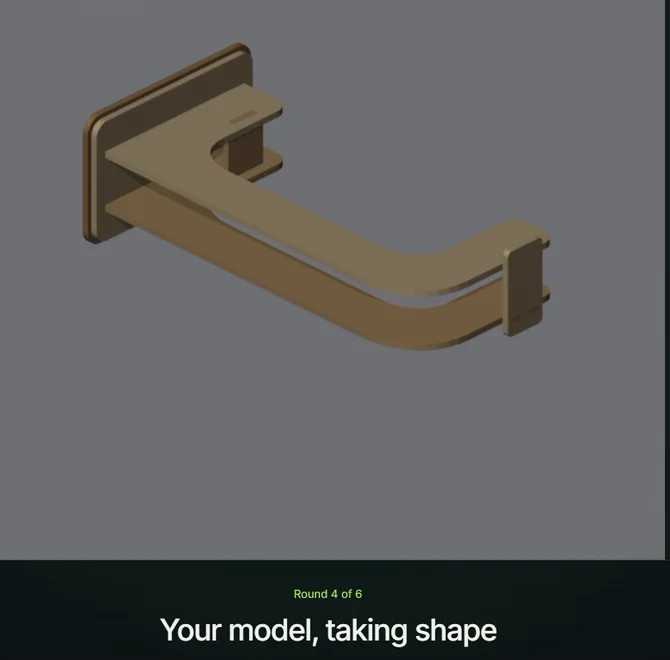 A laser-cut headphone stand taking shape in the Sculpt build view of Printara Studio, round 4 of 6: Your model, taking shape