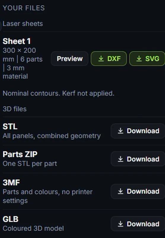 Your files in Printara Studio: sheet 1, 300 × 200 mm, 6 parts, 3 mm material, with Preview, DXF and SVG, the note that the contours are nominal and the kerf is not applied, and STL, Parts ZIP, 3MF and GLB downloads