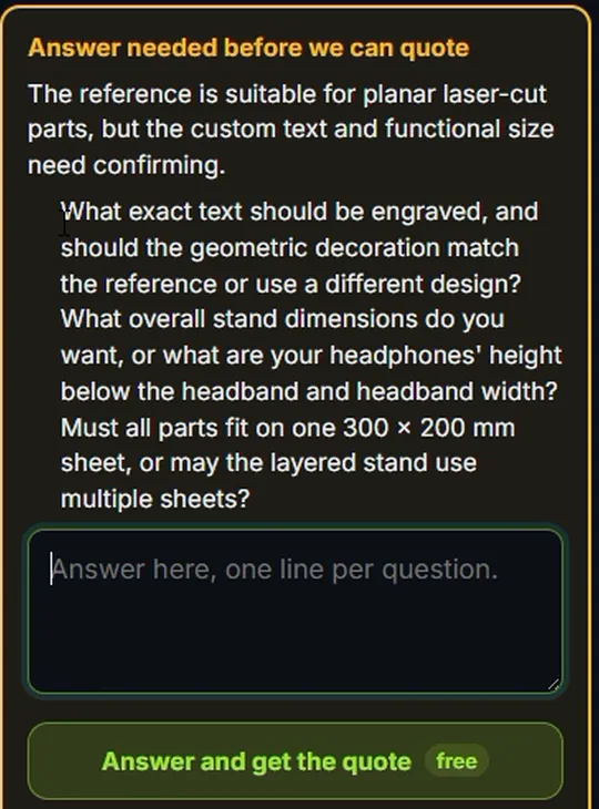 Answer needed before we can quote: Printara asks about the engraved text, the stand dimensions and the sheet size, with a free Answer and get the quote button