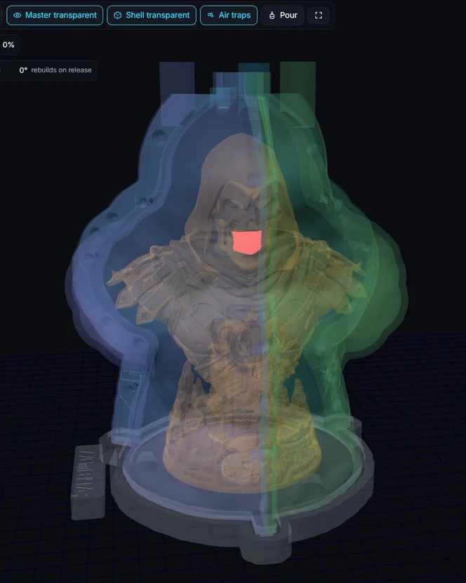 The Mold Maker 3D view with Master transparent, Shell transparent and Air traps switched on: a possible air trap highlighted in red inside the shell