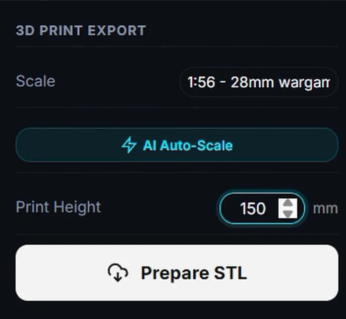 The 3D print export panel in Printara Studio: print height 150 mm and the Prepare STL button