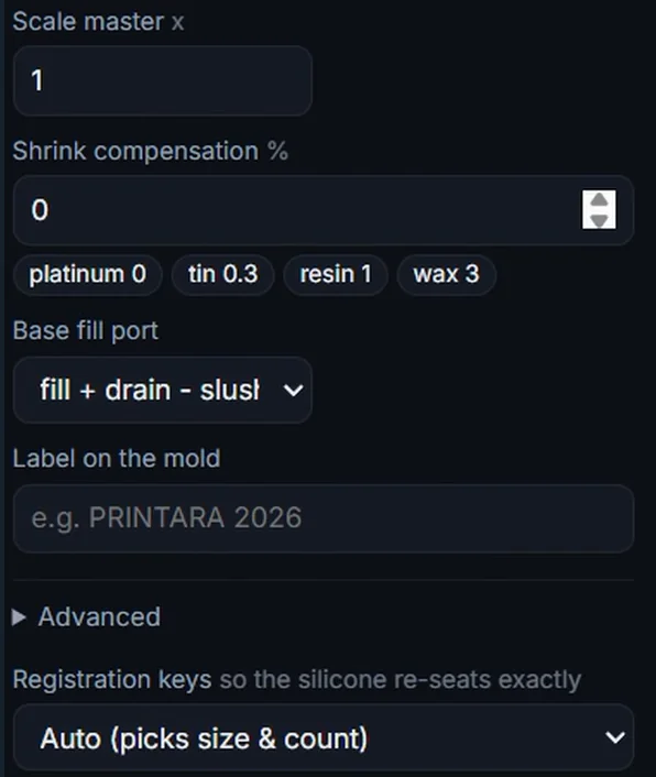 Mold Maker options: scale, shrink compensation presets, the Base fill port set to fill plus drain, slush casting, a label on the mold and the registration keys