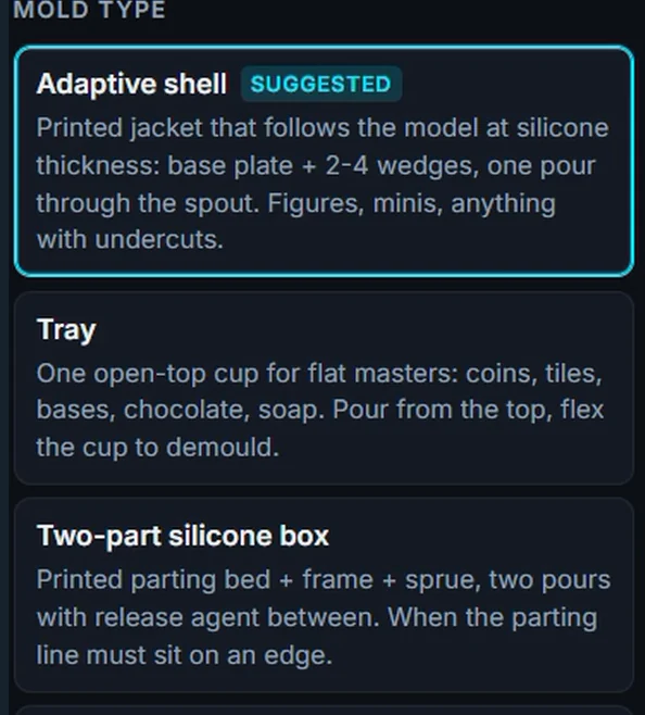 The Mold type list in Mold Maker: Adaptive shell marked as suggested, then Tray, Two-part silicone box and Printed two-part mold, each with its one-line description