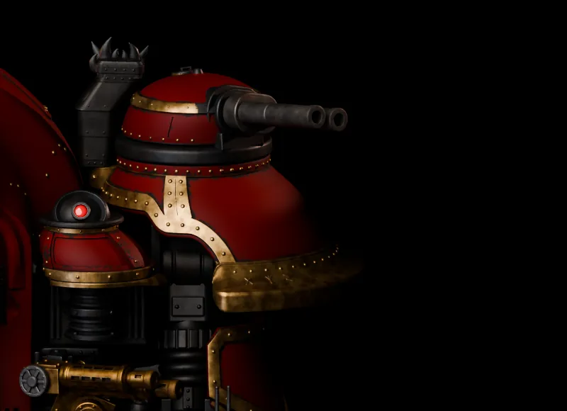 Painted detail of our Titan, matte red with brass trim, render