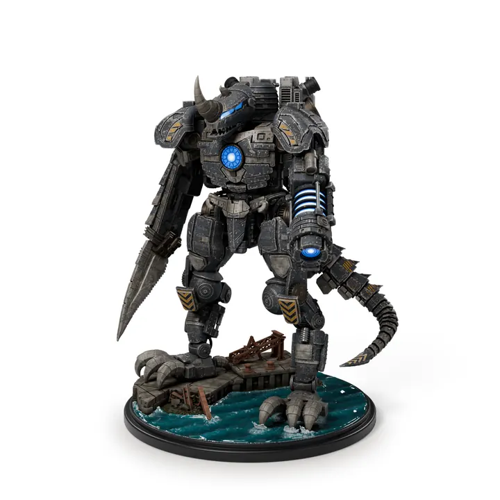 Our Rhinoceraptus war beast miniature on a sea base, weathered gunmetal with a blue glow, render