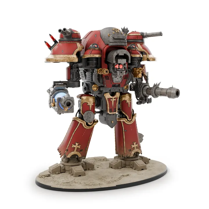 Our Titan war machine miniature, painted matte red with brass trim, render